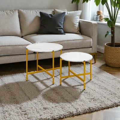 Hivvago Modern Set Of 2 Round Tables With Strong Metal Frames In Gold