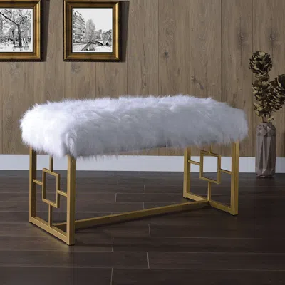 Hivvago Modern Style Faux Fur Upholstered Bench With Geometrical Side Panels, White And Gold