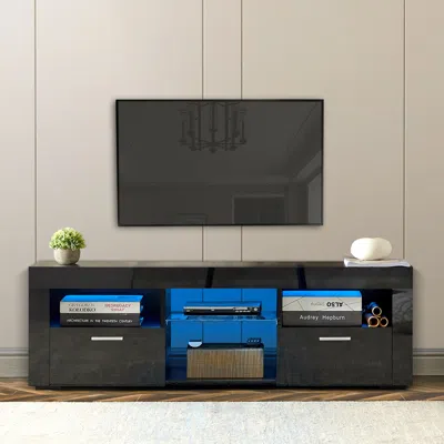 Hivvago Modern Tv Console Storage Media Tv High Gloss Organizing Cabinet With Led - Black