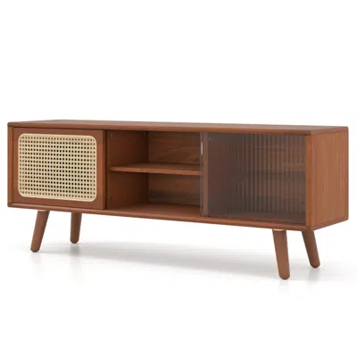 Hivvago Modern Tv Stand With Rattan Glass Sliding Doors-brown