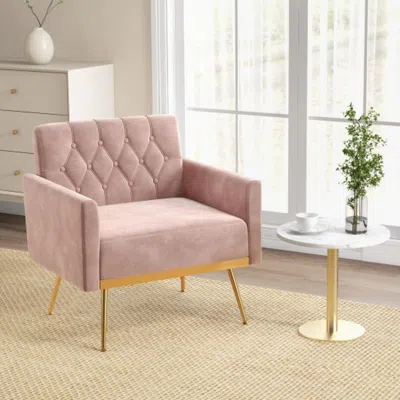 Hivvago Modern Velvet Accent Chair With Button Tufted Back Golden Metal Legs And Adjustable Foot Pads-pink