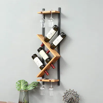 Hivvago Modern Wall Mounted Wood Wine Rack 4-bottle & 4 Wine Glass Rack Stemware Holder Rack In Multi