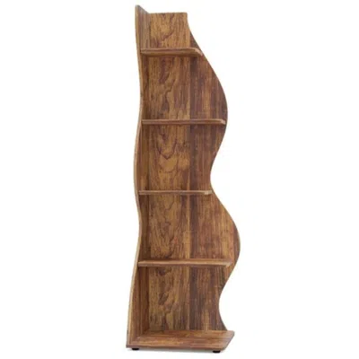 Hivvago Modern Wave Shape 5 Shelf Corner Bookcase In Brown Wood Finish In Red