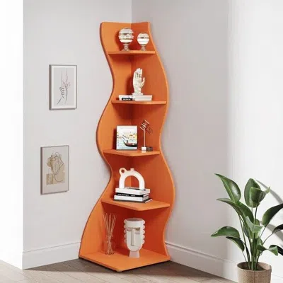 Hivvago Modern Wave Shape 5 Shelf Corner Bookcase In Orange Wood Finish