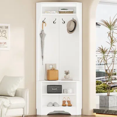 Hivvago Modern White Corner Hall Tree Coat Rack Entryway Storage Cabinet Shoe Bench