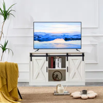 Hivvago Modern White Wooden Tv Storage Cabinet With Sliding Barn Doors