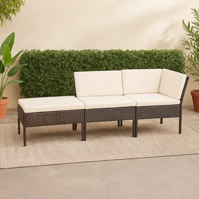 Hivvago Modular 3pc Outdoor Lounger Sofa, Brown Poly Rattan, Ivory Fabric In White