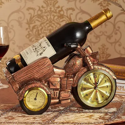 Hivvago Motorcycle & Clock Wine Rack Decorative Countertop Wine Bottle Holder In Brown