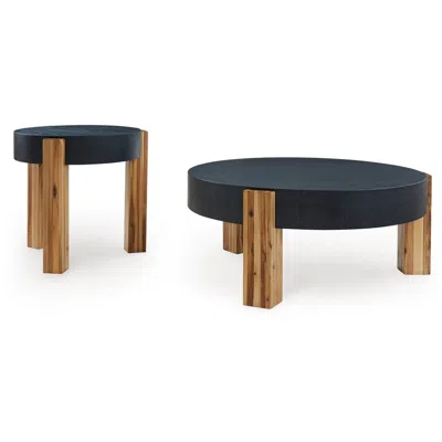 Hivvago Moy 2pc Coffee And End Table Set, Round Black Textured Top, Solid Wood In Brown