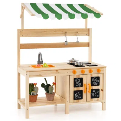 Hivvago Mud Kitchen Fir Wood Play Kitchen With Canopy And Sink And 4 Stoves-natural In Brown