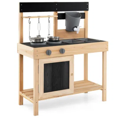 Hivvago Mud Kitchen Playset Kids Play Kitchen Outdoor With 2 Removable Sinks-natural