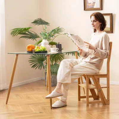 Hivvago Multifunctional 3-in-1 Ladder Chair Display Plant Stand For Library Kitchen Office-natural