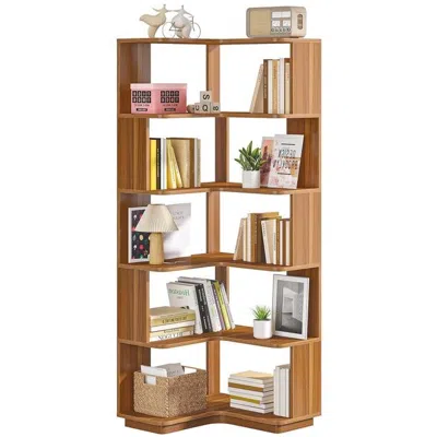 Hivvago Multifunctional 6 Shelf Corner L-shaped Bookcase In Brown Wood Finish