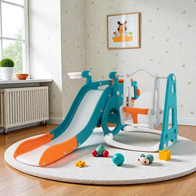 Hivvago Multi-functional Kids Playset With Slide, Swing, Mini Bus, And Hoop - 5-in-1