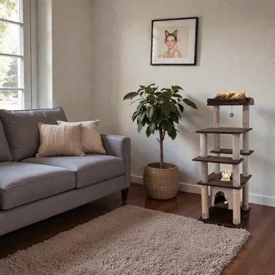Hivvago Multi-tier Cat Tower, 58 Inches High, With Hanging Condo And Plush Bed In Brown