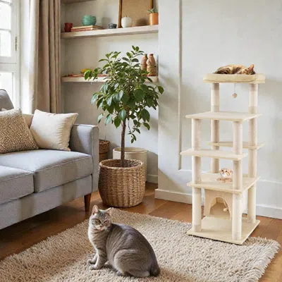 Hivvago Multi-tier Cat Tower, 58 Inches High, With Hanging Condo And Plush Bed In Sand