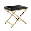 Hivvago Myra 21 Inch Accent Stool, Black Faux Leather, Gold Finished Cross Legs In Gold