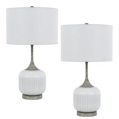 Hivvago Myra Table Lamp Set Of 2, Fluted Accent Glass Base, White Fabric Shade