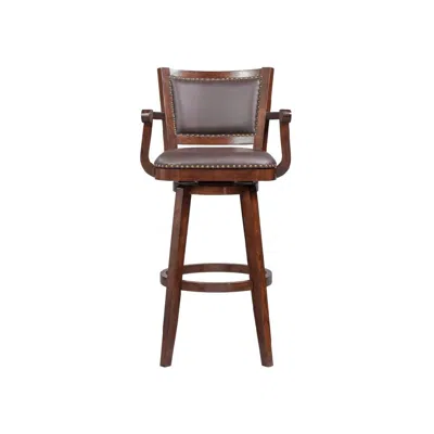 Hivvago Nailhead Trim Faux Leather Upholstered Barstool With Wooden Arms, Dark Brown