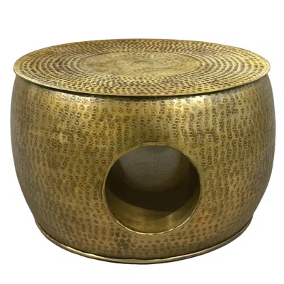 Hivvago Nala 23 Inch Coffee Table, Low Round Drum Shape With Unique Hollow Center, Antique Brass Aluminum