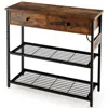 Hivvago Narrow Console Table With 2 Drawers And 2 Metal Mesh Shelves-rustic Brown