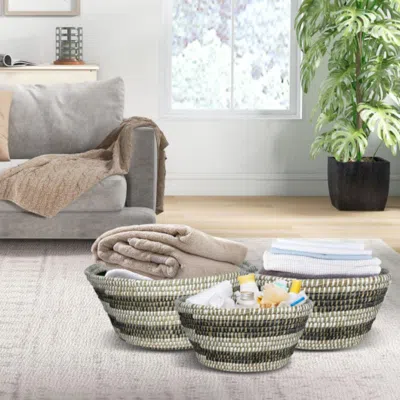 Hivvago Natural Canes Grass Baskets Stackable Storage Bins Set Of 3 With Hollowed Handles