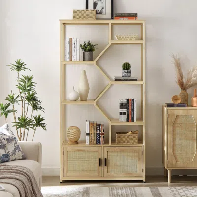 Hivvago Natural Rattan Bookshelf With Cabinet In Neutral