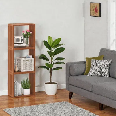 Hivvago Natural Wood 3-cube Bookcase With Airy Slatted Design In Brown