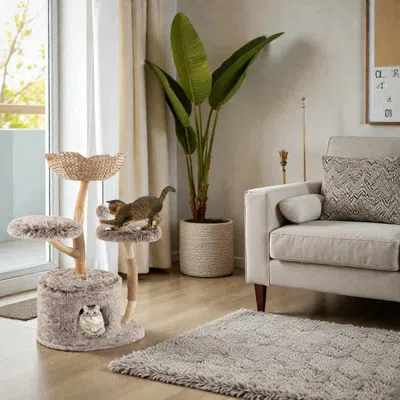 Hivvago Natural Wooden Cat Tree Featuring Perch Lounge And Sisal-wrapped Posts In Gray