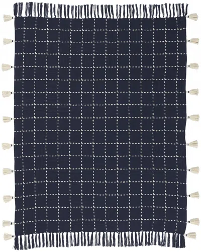 Hivvago Navy And White Stitched Square Pattern Cotton Throw Blanket In Blue