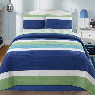 Hivvago Navy Blue/green/teal/white Stripe 100-percent Cotton Quilt Set