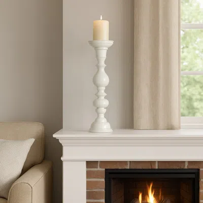 Hivvago Naze Tabletop Candle Holder With Turned Accents, 23 Inch White Resin