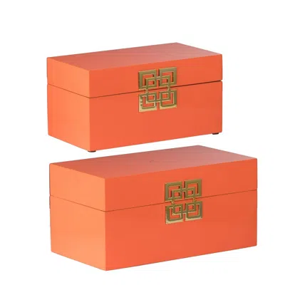 Hivvago Neo 14, 11 Inch Set Of 2 Decorative Boxes, Geometric Metal Accents, Orange