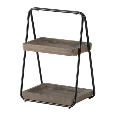 Hivvago Nick 19 Inch 2 Tier Decorative Tray Stand, Black Iron Frame, Gray Wood