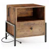 Hivvago Nightstand With Charging Station And Drawer Sofa Side Table-rustic Brown In Brown