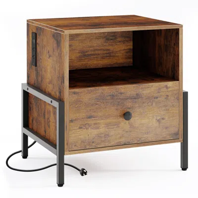 Hivvago Nightstand With Charging Station And Drawer Sofa Side Table-rustic Brown