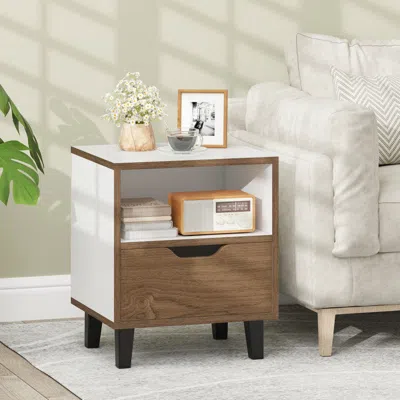 Hivvago Nightstand With Drawer And Open Storage Shelf For Bedroom-white In Brown