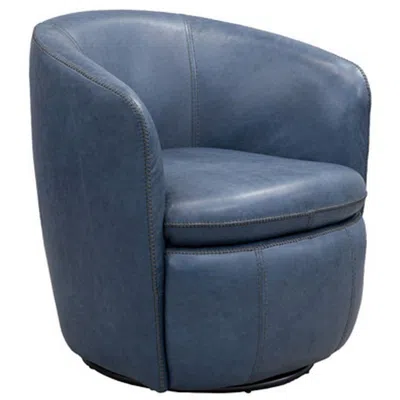 Hivvago Niko Swivel Accent Chair, Round Barrel Design, Blue Top Grain Leather