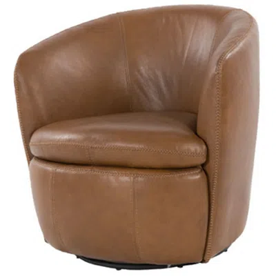 Hivvago Niko Swivel Accent Chair, Round Barrel Design, Brown Top Grain Leather