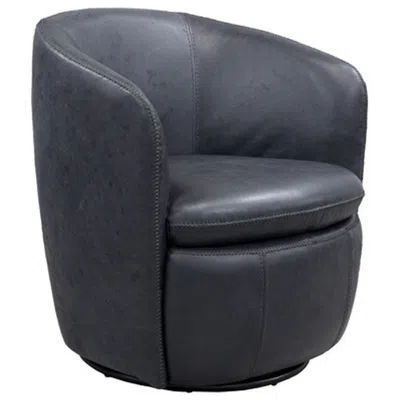 Hivvago Niko Swivel Accent Chair, Round Barrel Design, Dark Blue Top Grain Leather In Black