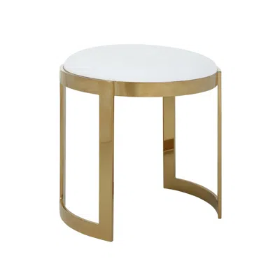 Hivvago Niyo 19 Inch Accent Stool Ottoman, Round Cushioned White Faux Leather, Gold In Neutral
