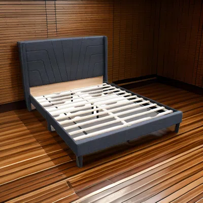 Hivvago Nny Queen Size Bed With Tufted Headboard, Charcoal Burlap Upholstery, Wood In Black