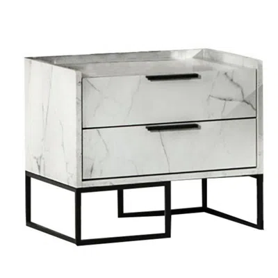 Hivvago Noe Paul 24 Inch Wood Nightstand, 2 Drawers, Faux White Marble, Metal Legs