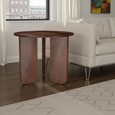 Hivvago Novo Side End Table, 24 Inch, Three Panel Legs, Brown Mango Wood