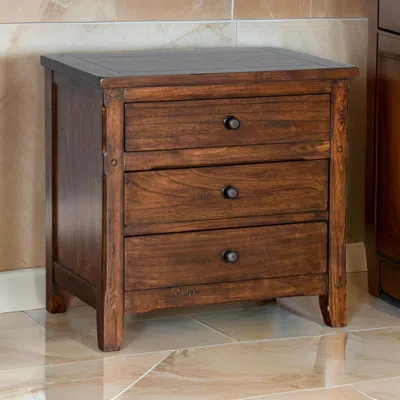 Hivvago Odell Nightstand, 3 Drawers, Bronze, Rustic Dark Brown Solid Wood