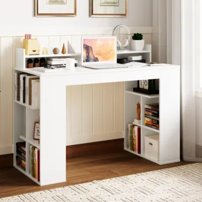 Hivvago Office Computer Desk With Dual 3 Tier Bookshelf And Monitor Shelf-white