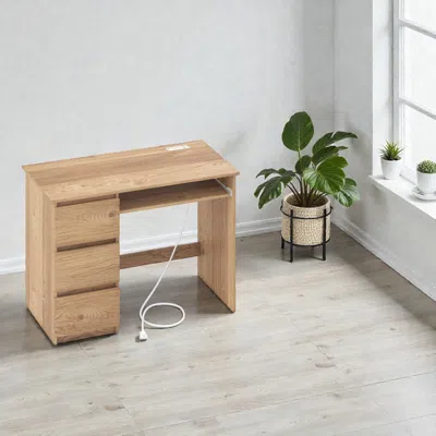 Hivvago Office Desk With Electrical Outlet, Keyboard Tray, And Triple Drawer Organizer In Neutral