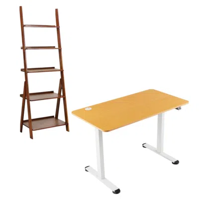 Hivvago Office Set With 5-tier Bamboo Ladder Shelf And Electric Standing Computer Desk In Brown
