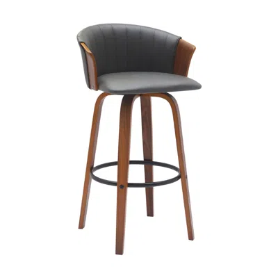Hivvago Oja 30 Inch Swivel Barstool Chair, Gray Faux Leather, Curved, Walnut Brown