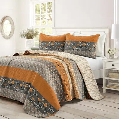 Hivvago Orange Grey Floral Birds Reversible 3 Piece Quilt Set